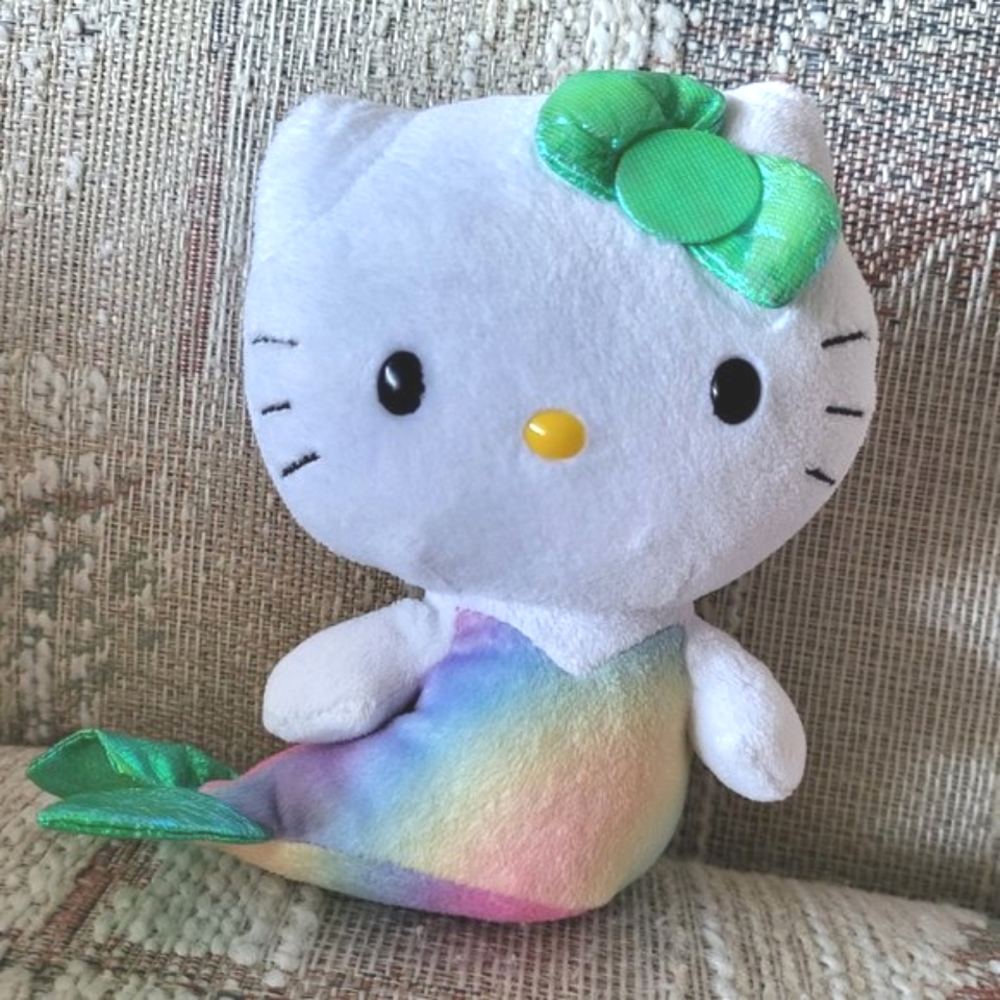 HELLO KITTY Ty Beanie Babies Sanrio Rainbow Tie Dyed Mermaid Fish 6" Plush